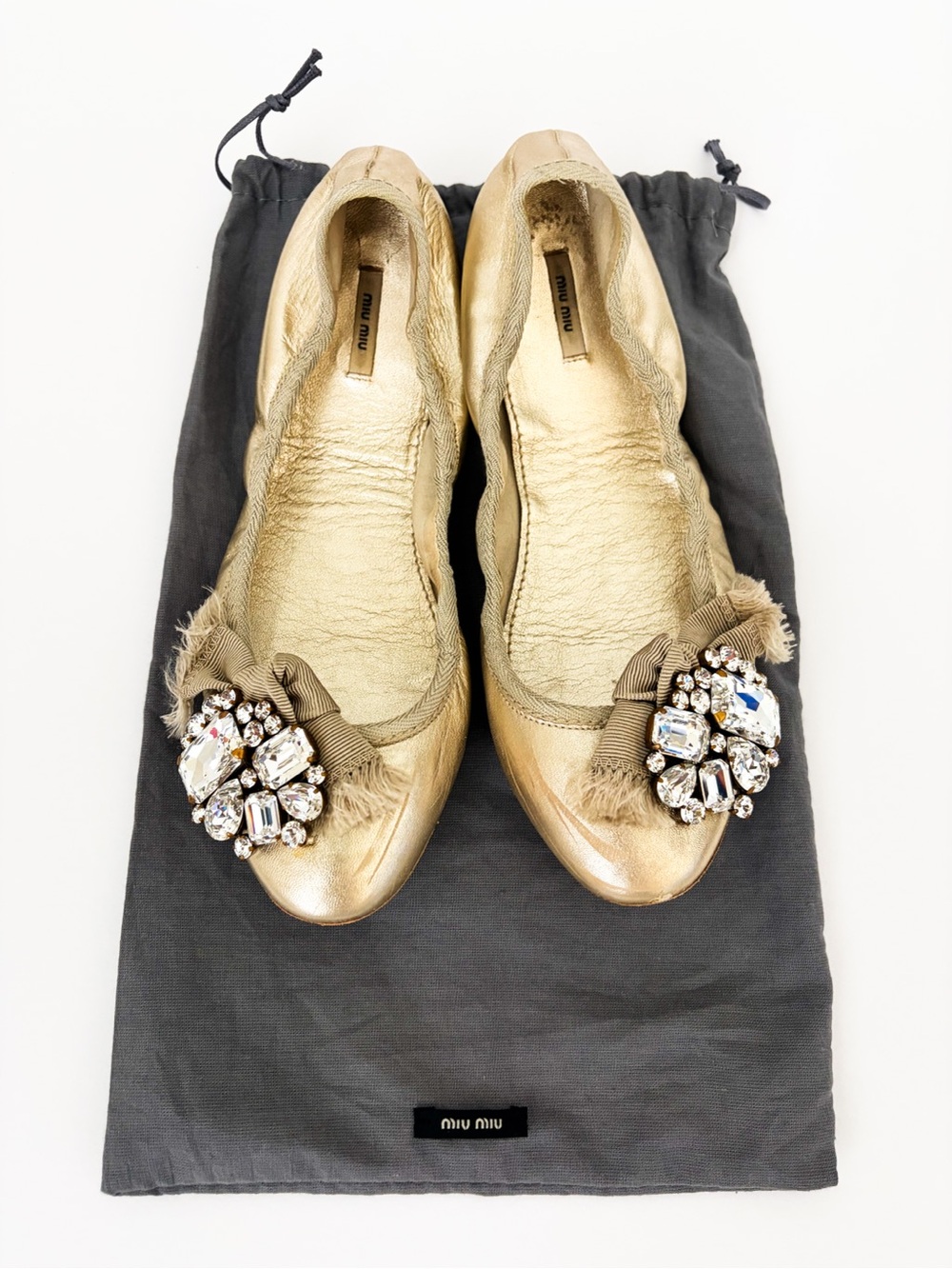 Miu Miu Metallic Gold Crystal Bow Ballet Flats Size 37